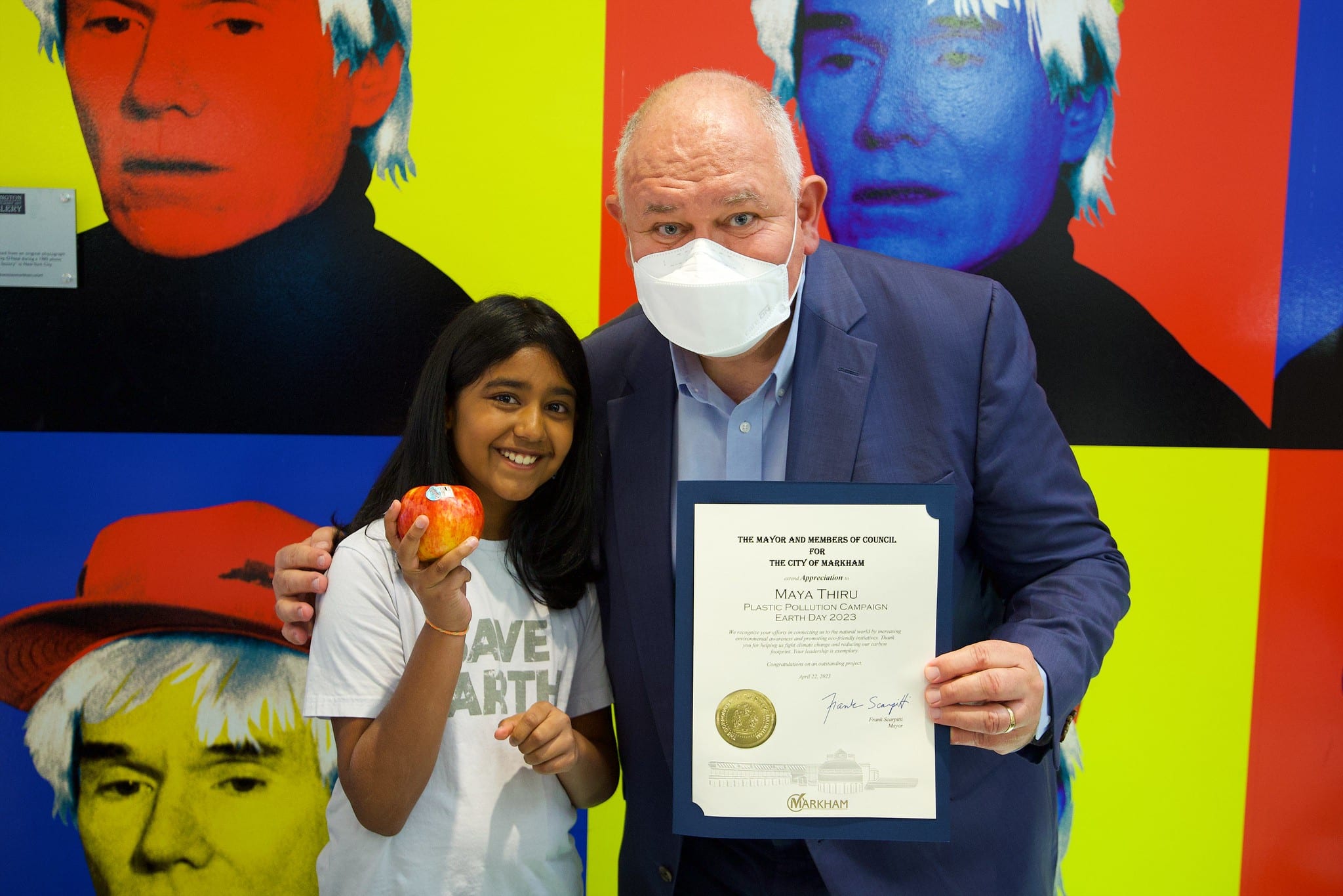 Maya Thiru and Frank Scarpitti, Mayor of Markham, Ontario at the Markham Earth Day event 2023.