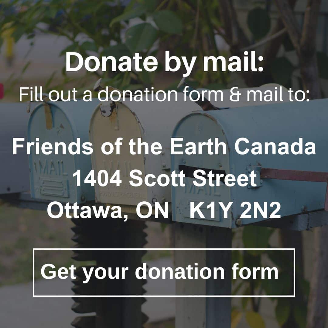Download our donation form to donate by mail to Friends of the Earth, 1404 Scott, Street, Ottawa, Ontario K1Y 2N2