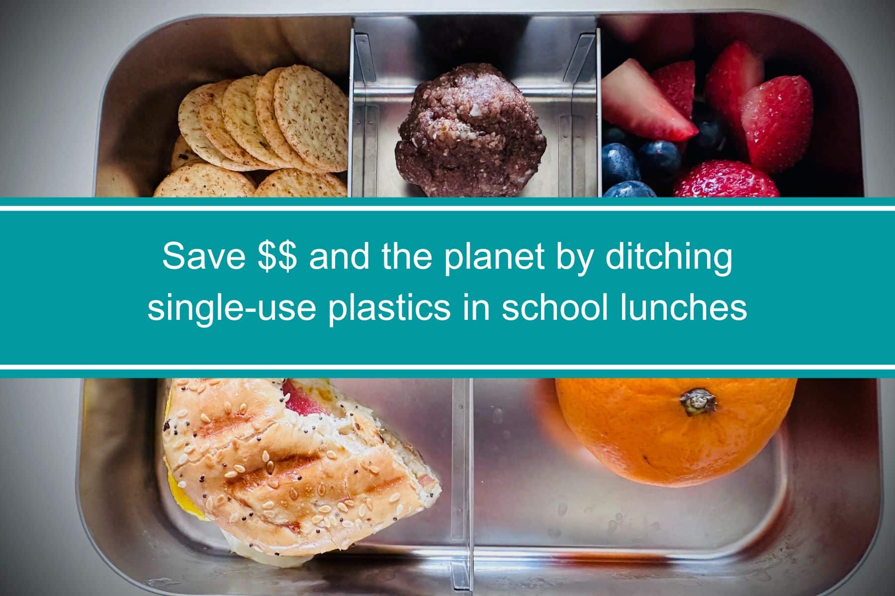 A school lunch box filled with various snacks, symbolizing the shift to eco-friendly choices instead of Single-use Plastics. Text overlay in blue: 'Save $$ and the Planet by ditching Single-use Plastics in School Lunches.'