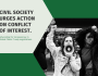 A black and white image of two women in a protest, one speaking through a sound magnifier. Text overlay in green reads: "Civil Society Urges Action on Conflict of Interest. Advocating for transparency in Global Plastic Treaty Negotiations