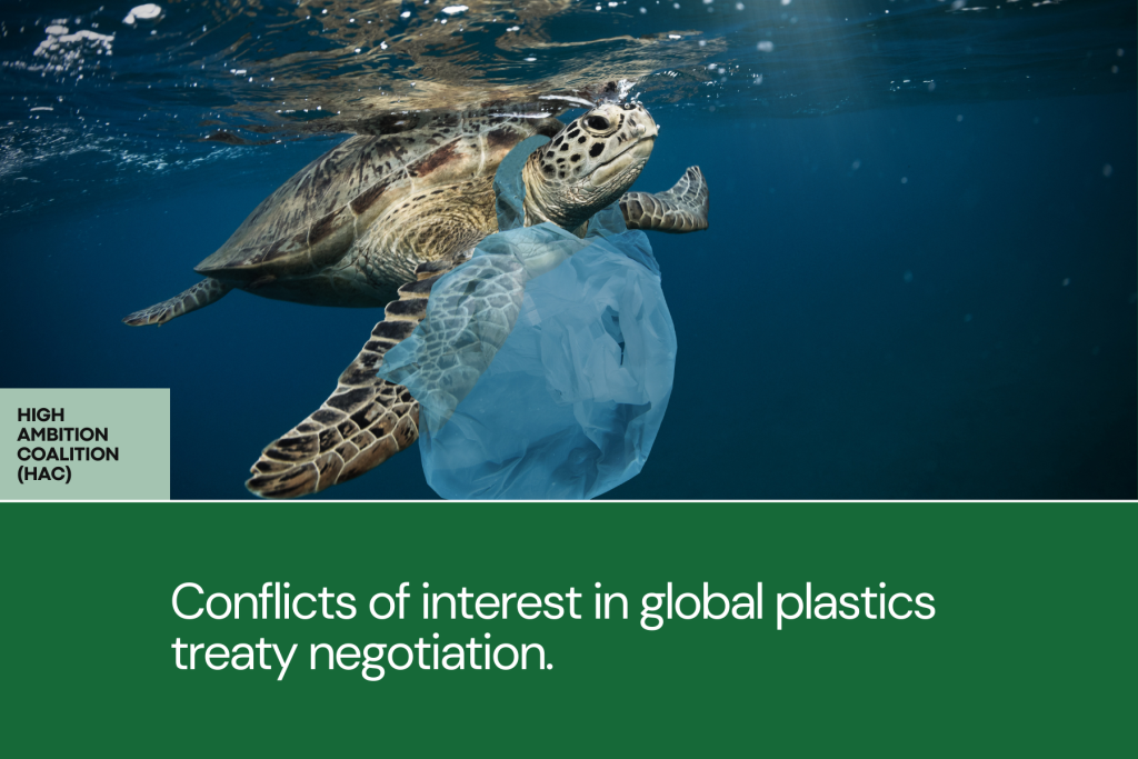 Image depicting a sea turtle with a plastic bag wrapped around its head, illustrating concerns over conflicts of interest in the High Ambition Coalition for a Global Plastics Treaty. Text overlays include 