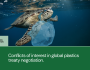 Image depicting a sea turtle with a plastic bag wrapped around its head, illustrating concerns over conflicts of interest in the High Ambition Coalition for a Global Plastics Treaty. Text overlays include "High Ambition Coalition (HAC)" and "Conflicts of interest in global plastics treaty negotiation."
