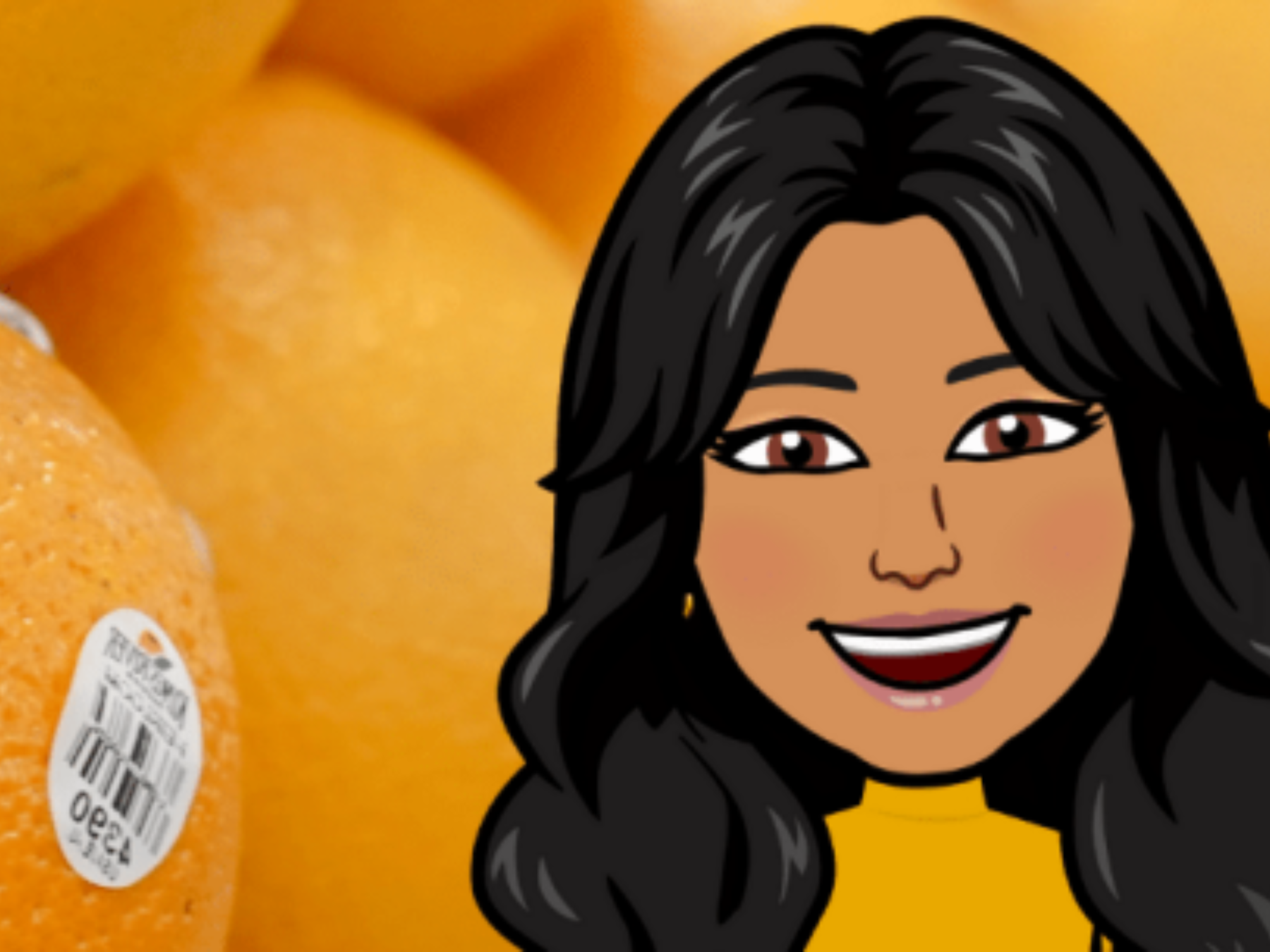 A graphic Image of Maya in front of oranges with a PLUs on them.