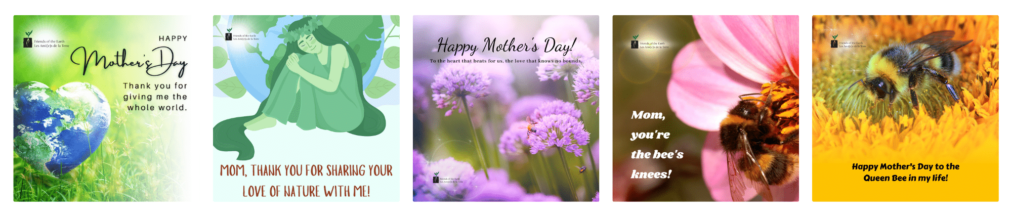 Six eco-friendly Mother's Day e-cards with nature-inspired designs by Friends of the Earth Canada.