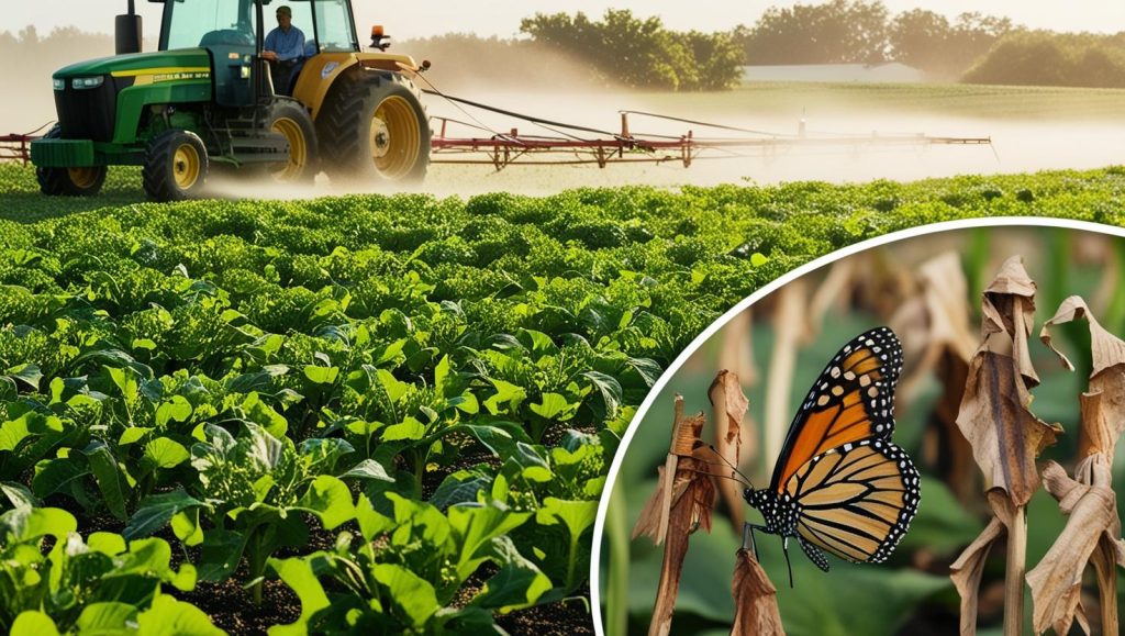 A field being sprayed with chemicals, with wilting plants in the foreground and a distressed monarch butterfly flying nearby, symbolizing the environmental impact of glyphosate.