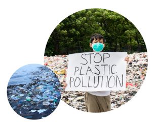 Young boy standing is a field of plastic waste holding a sign that reads "Stop Plastic Pollution"